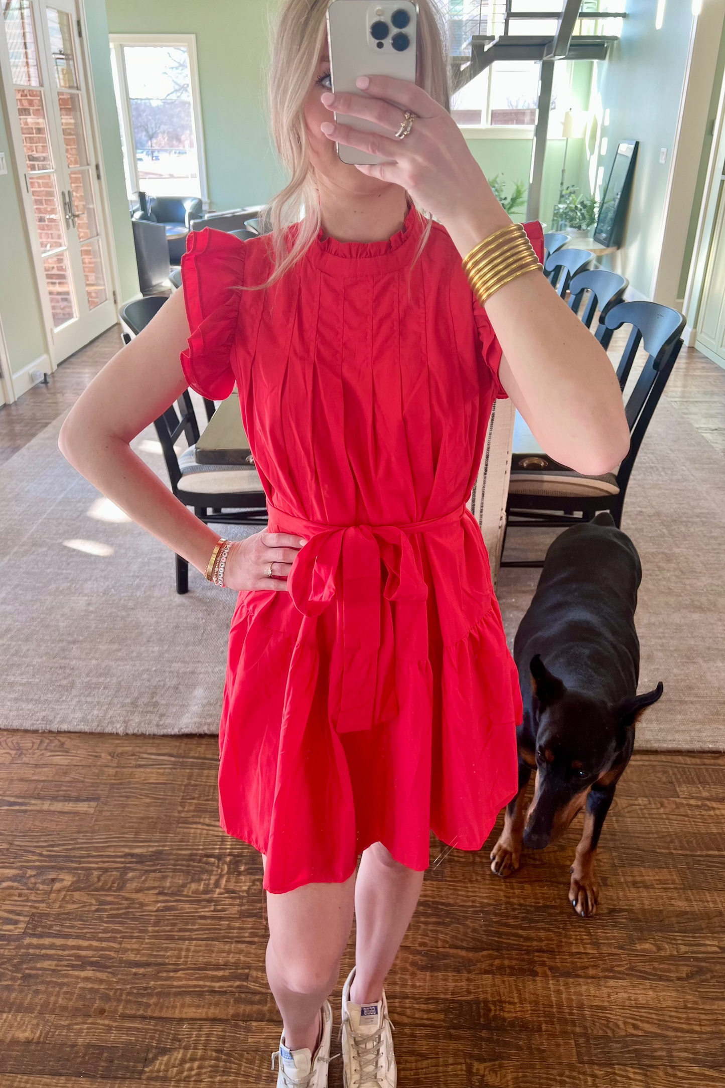 Red Ruffle Mock Neckline Dress