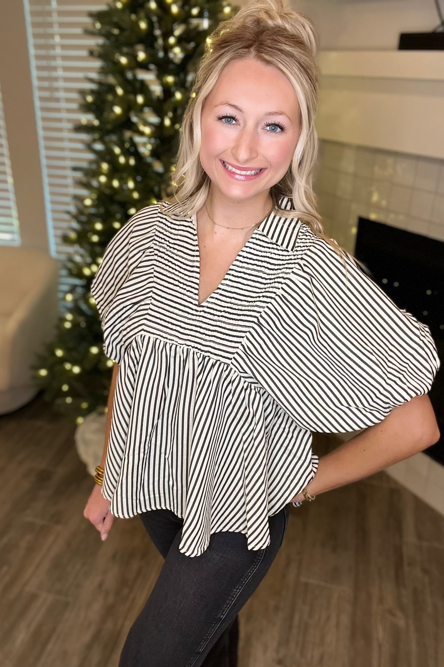 Bubble Sleeve Stripe Top
