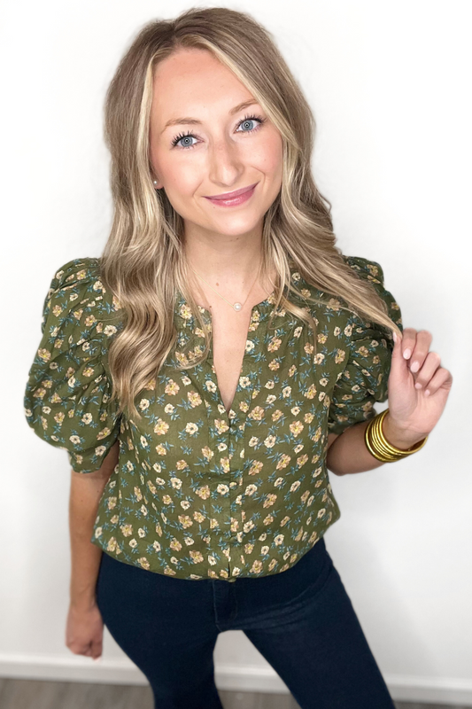 Army Green Floral Top