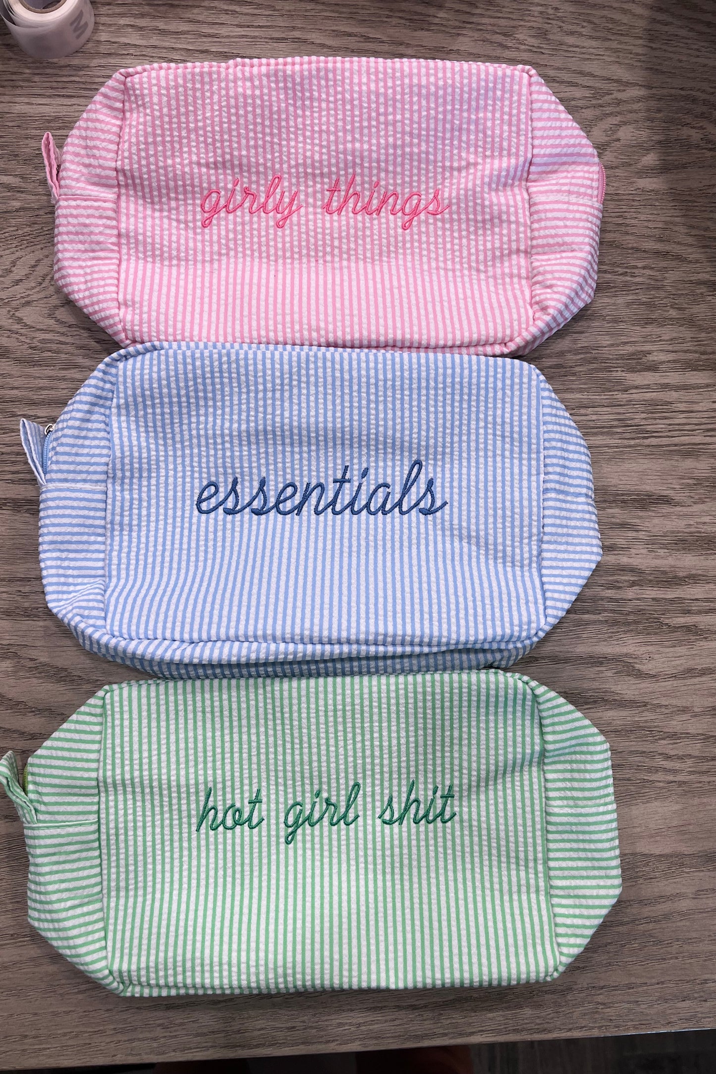 Embroidered Seersucker Cosmetic Bag