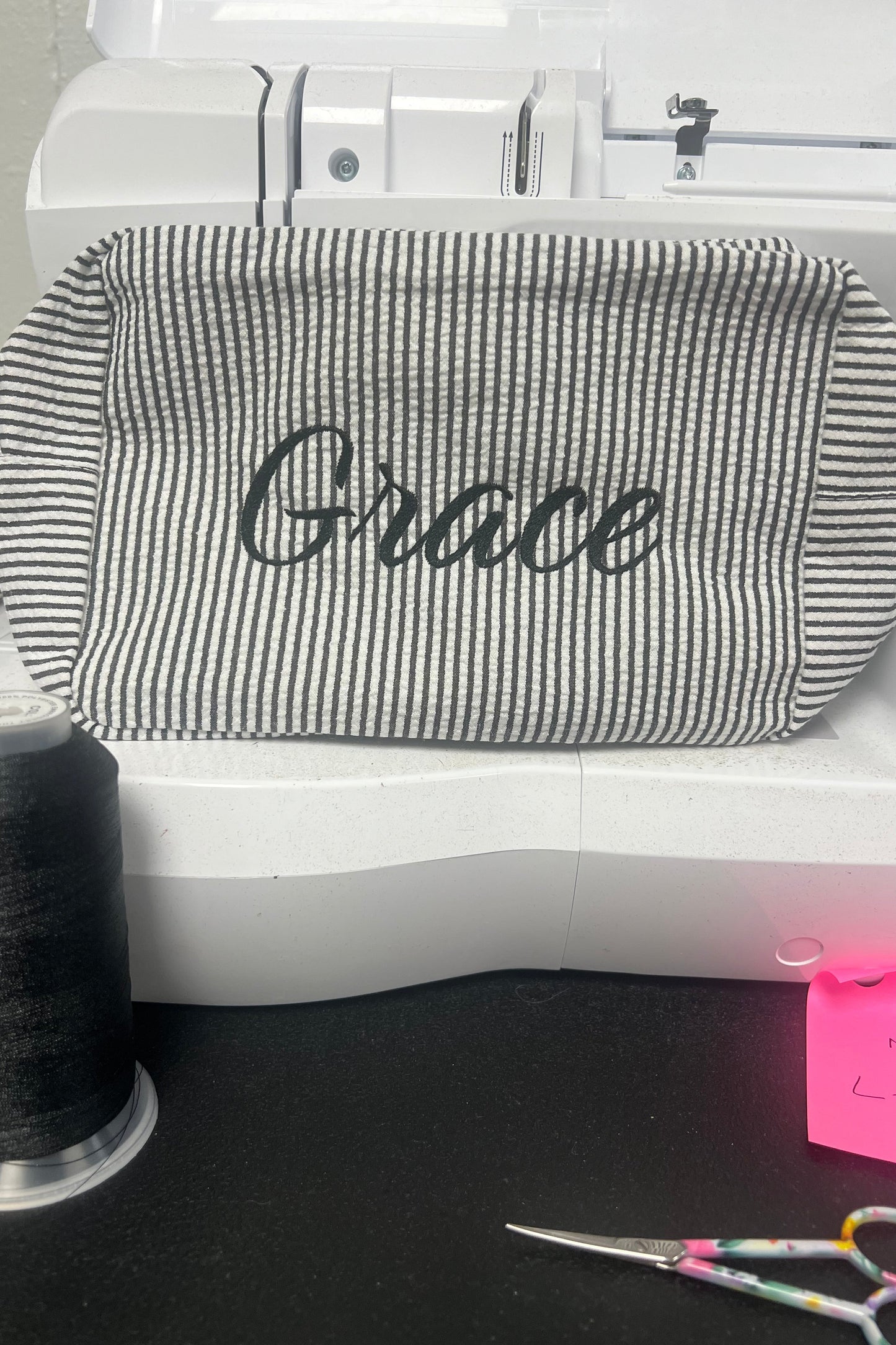 Embroidered Seersucker Cosmetic Bag