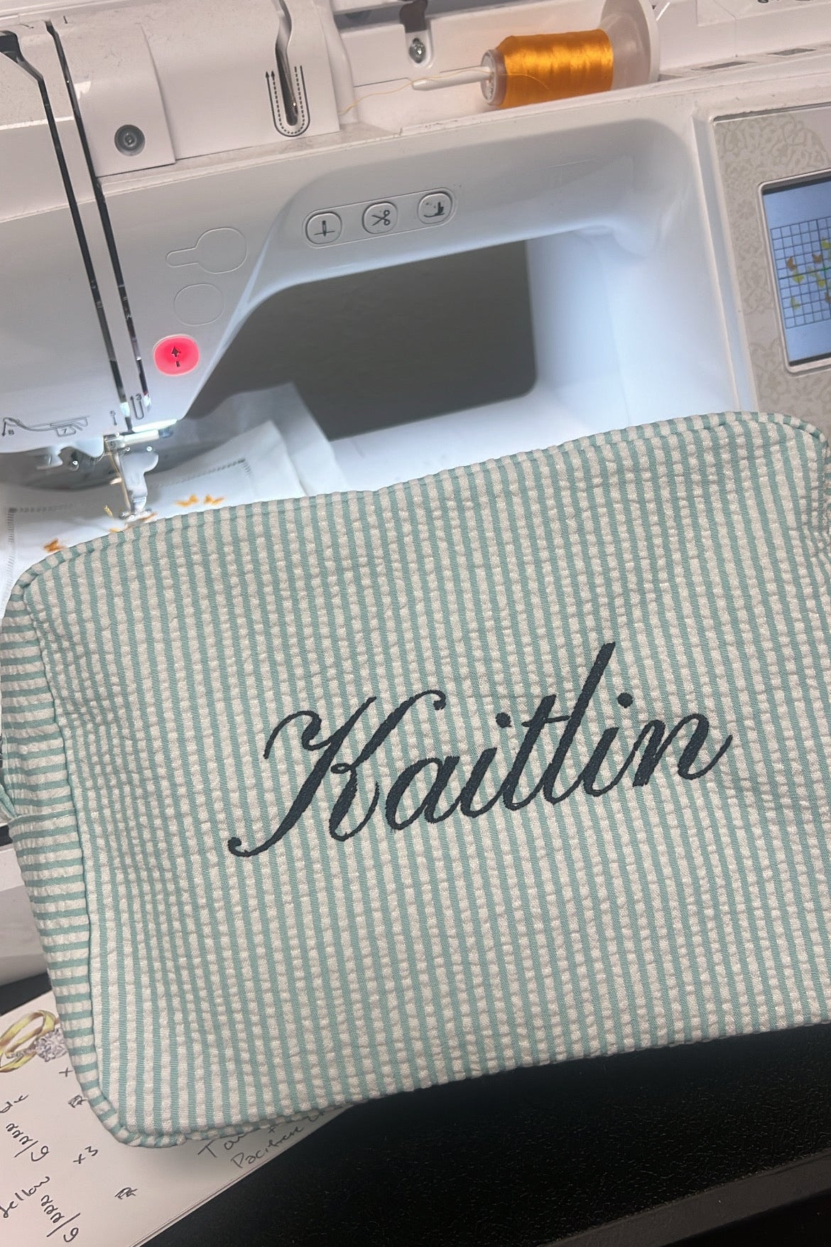 Embroidered Seersucker Cosmetic Bag