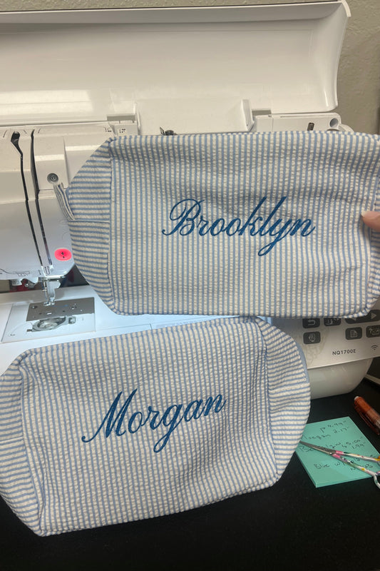 Embroidered Seersucker Cosmetic Bag