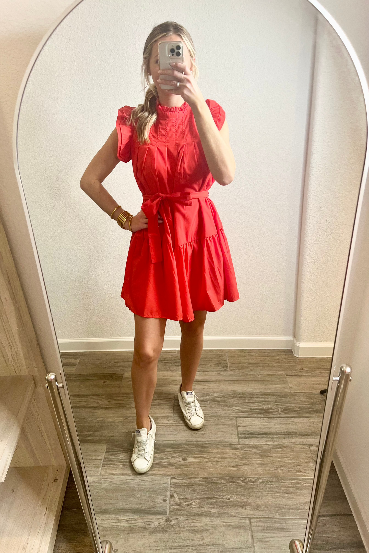 Red Ruffle Mock Neckline Dress