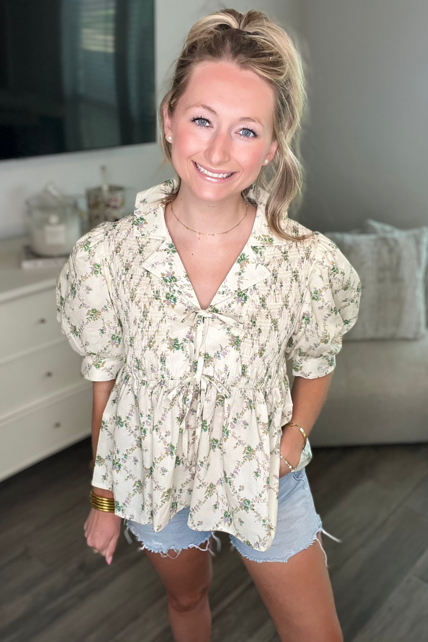 Smocked Floral Top