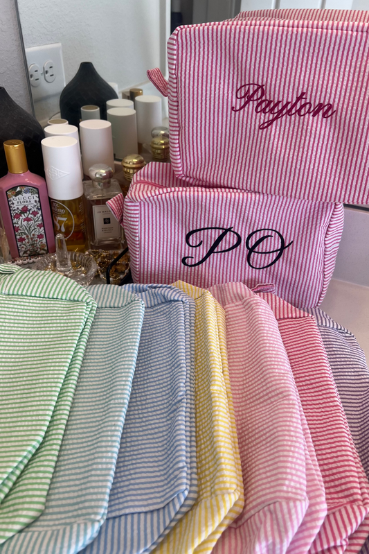 Embroidered Seersucker Cosmetic Bag