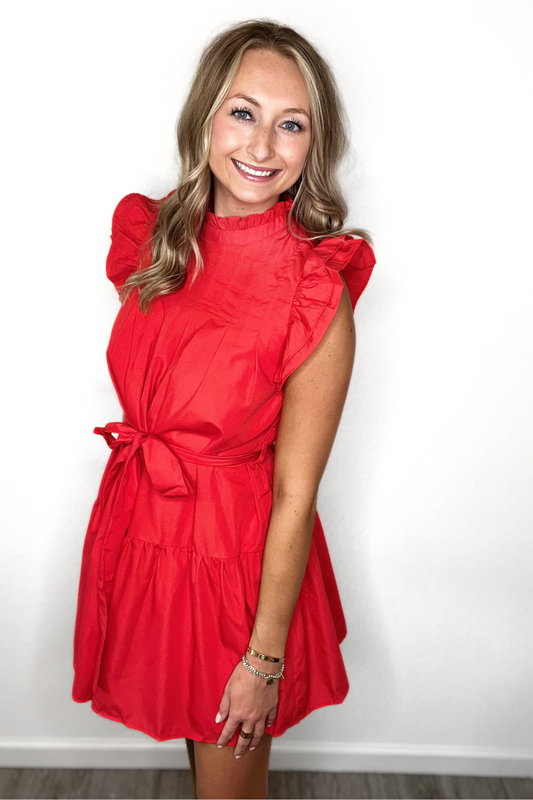 Red Ruffle Mock Neckline Dress